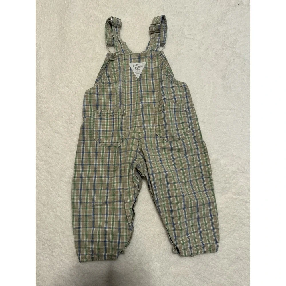 OshKosh B'gosh Plaid Cotton Overalls One-Piece 9-12M Beige/Green/Blue